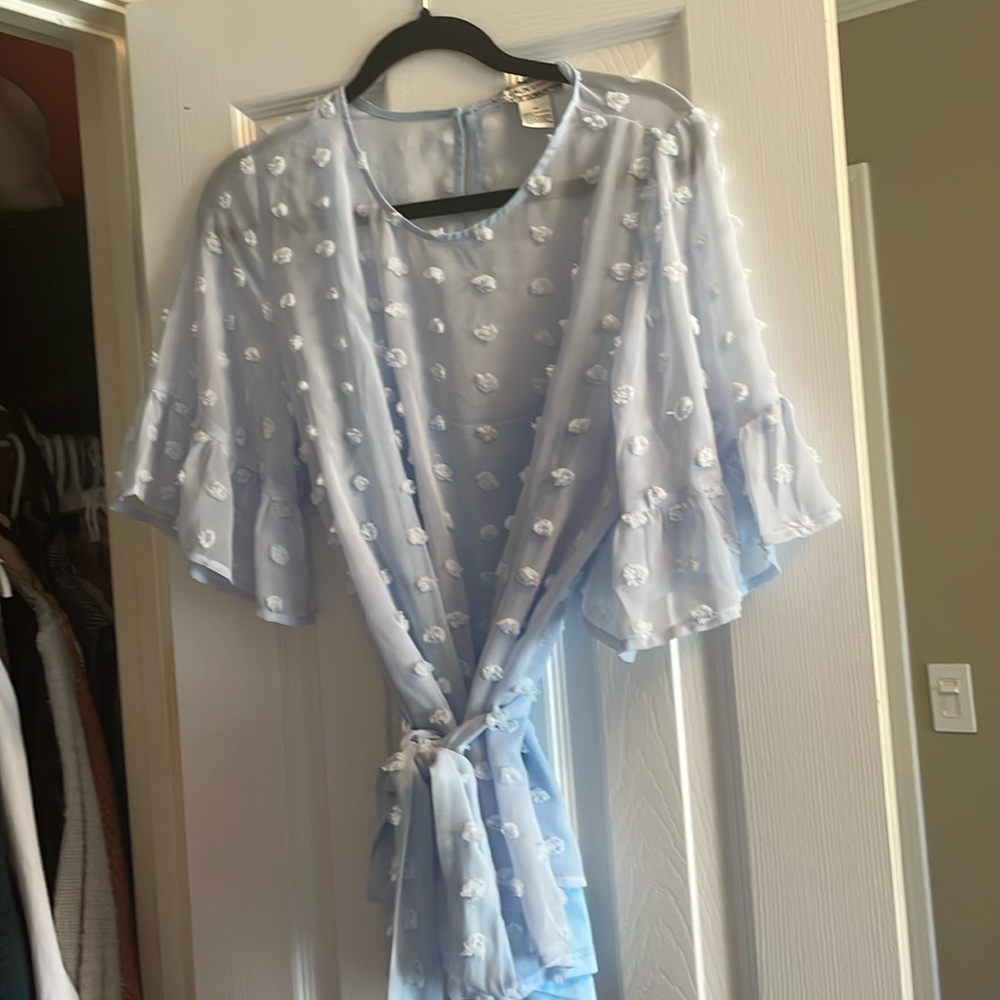 Right blue dot blouse with tie belt